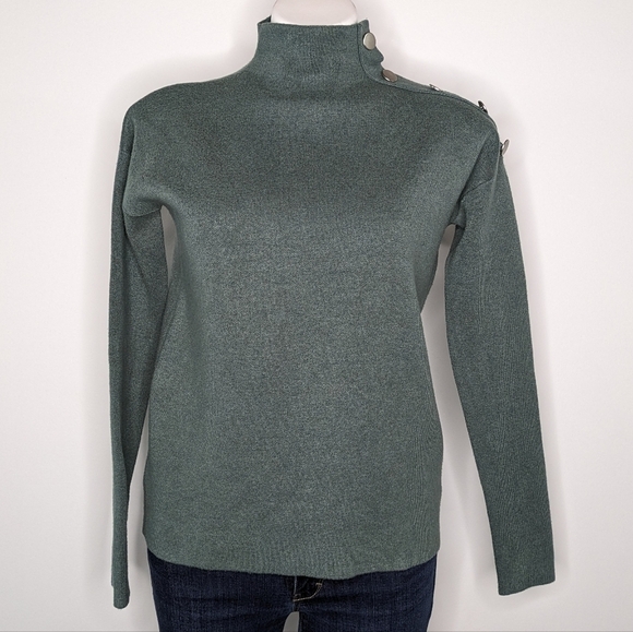 Tahari Sweaters - Tahari green/blue silver button accent long sleeve high neck sweater XS